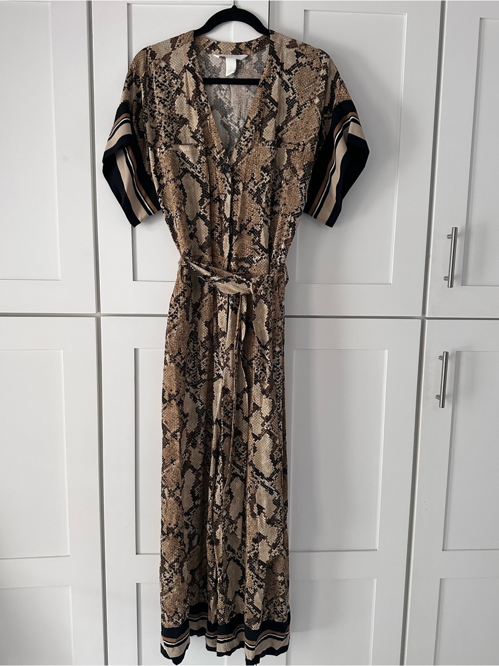 H&M Beige and Black Snake-Print Maxi jumpsuit with Tie Waist